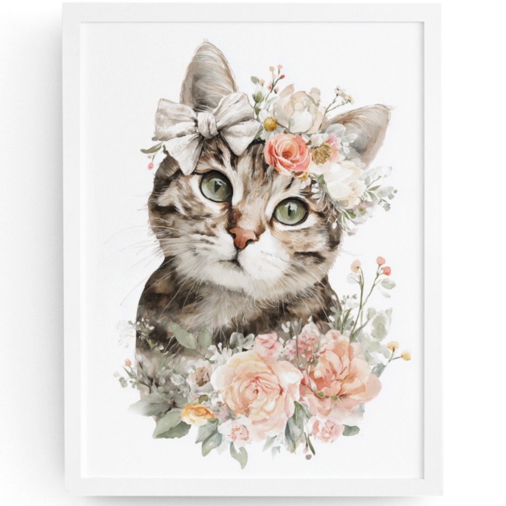 Watercolor American Shorthair Cat with Flower Crown Wall Art Print